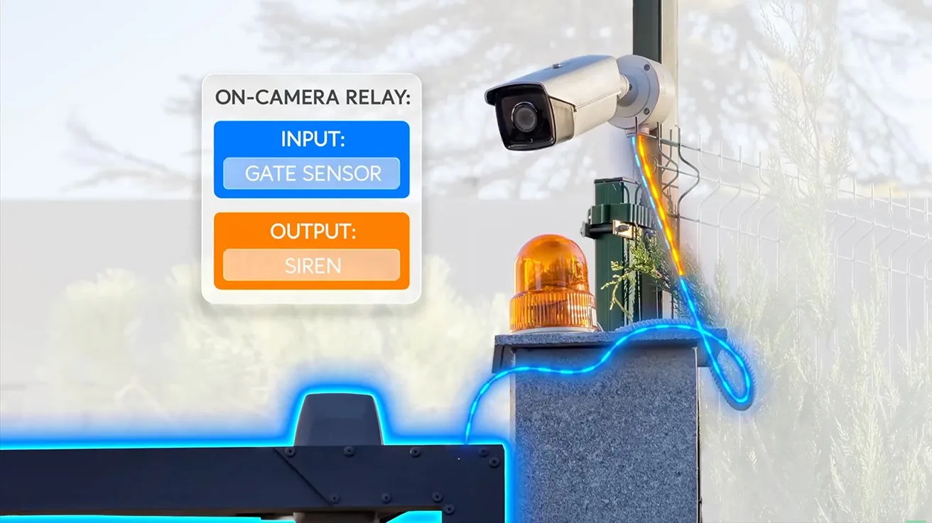 Close-up of physical security camera relay output connected to alarm input hardware