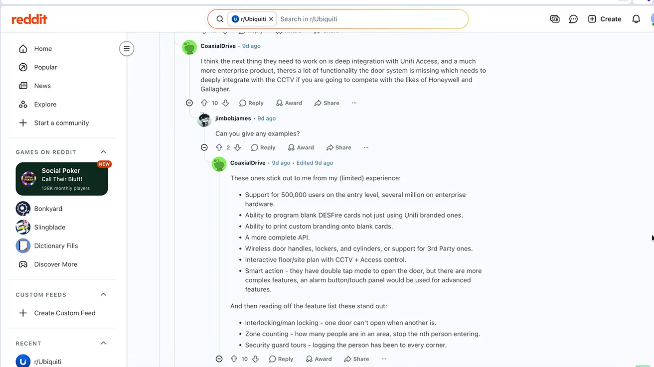 UniFi Protect compatibility page detailing ONVIF motion detection and stream options