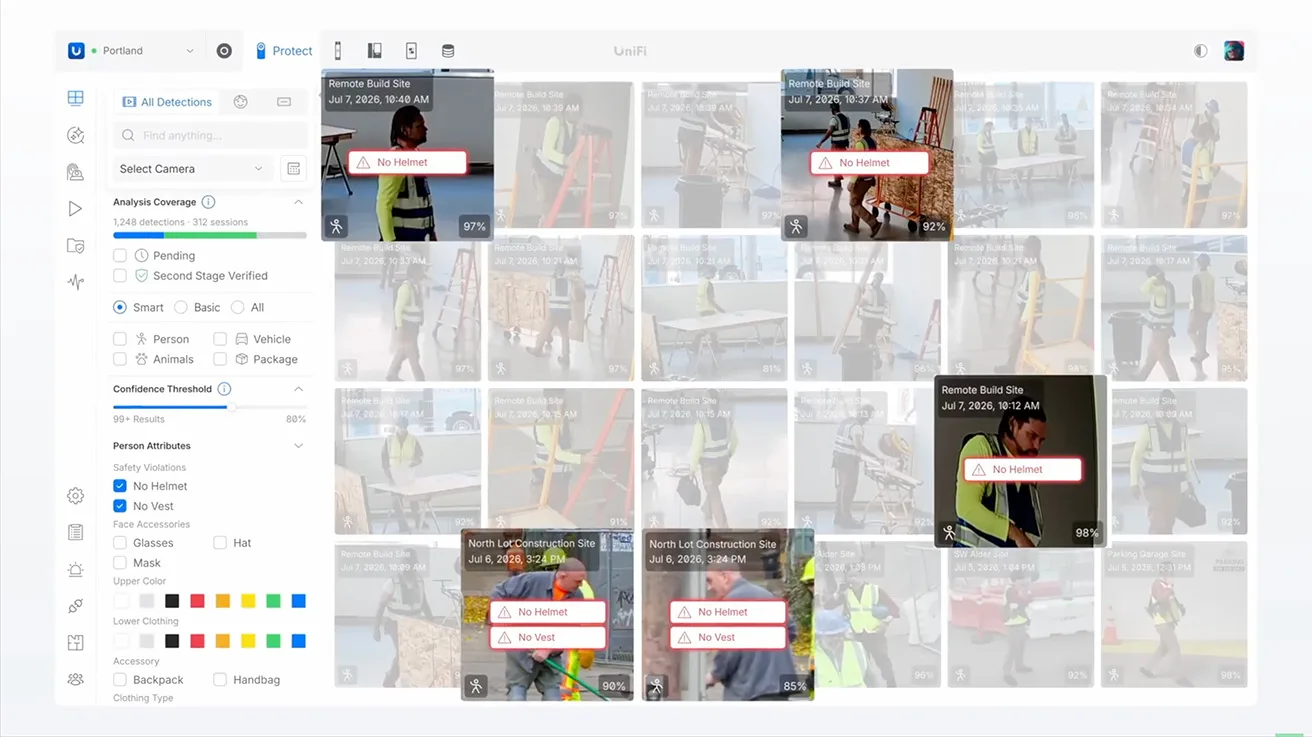 Security camera AI video feed highlighting worker missing safety vest and hard hat