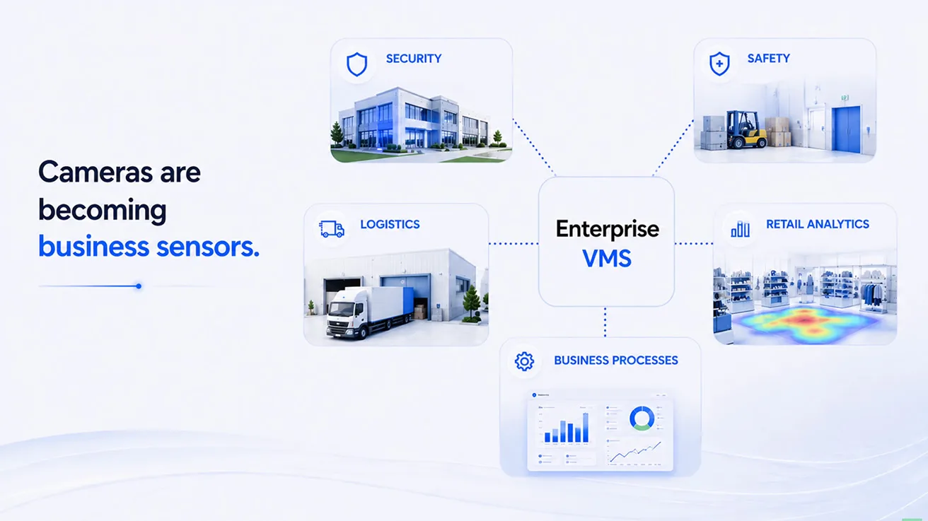 Infographic showing security cameras functioning as business intelligence sensors for operations