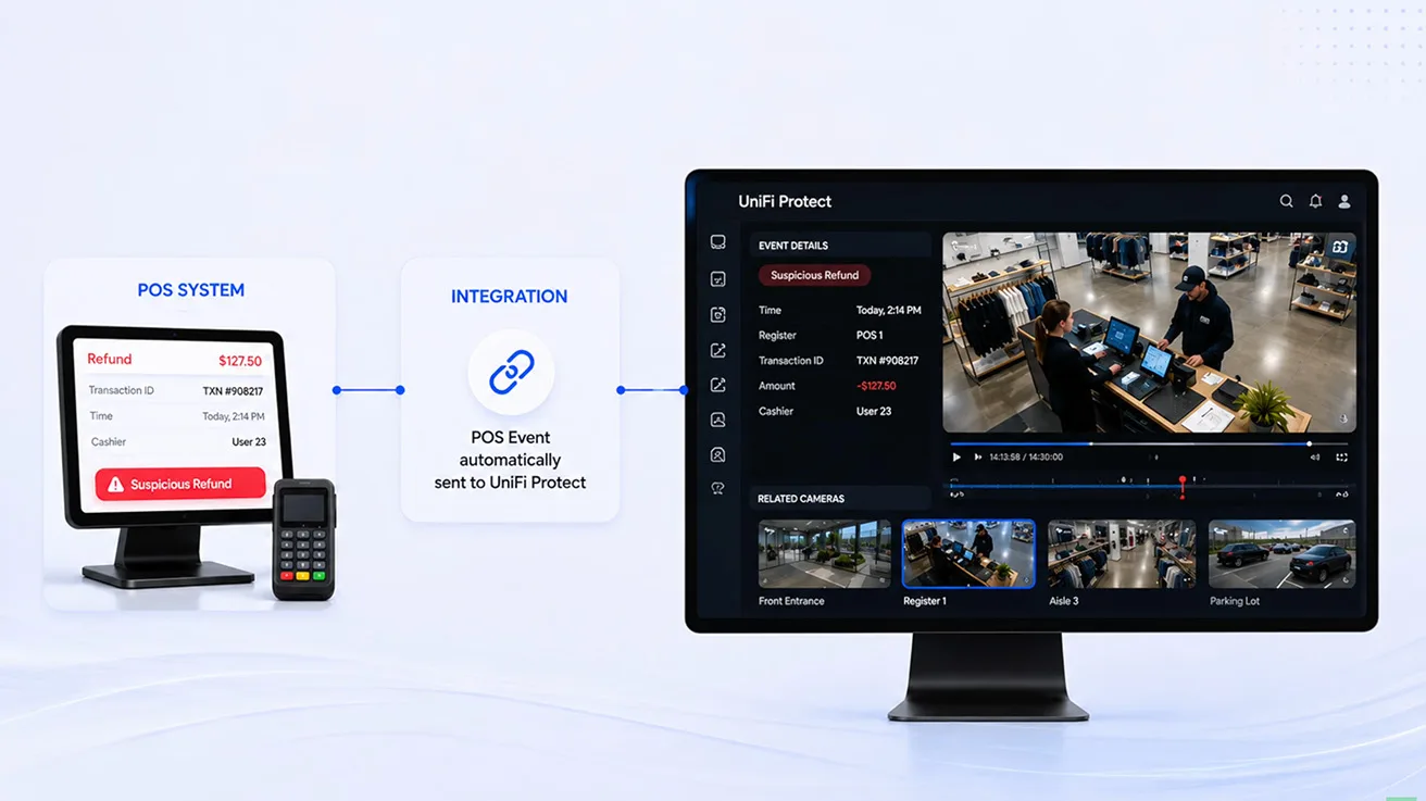 Retail Point of Sale register interface synchronized with surveillance camera footage