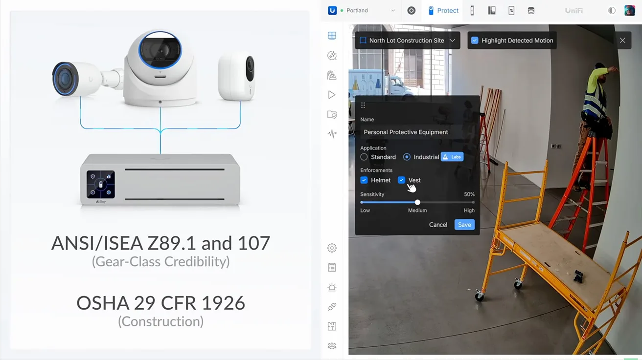 AI analytics detection bounding boxes identifying personal protective equipment PPE compliance on workers