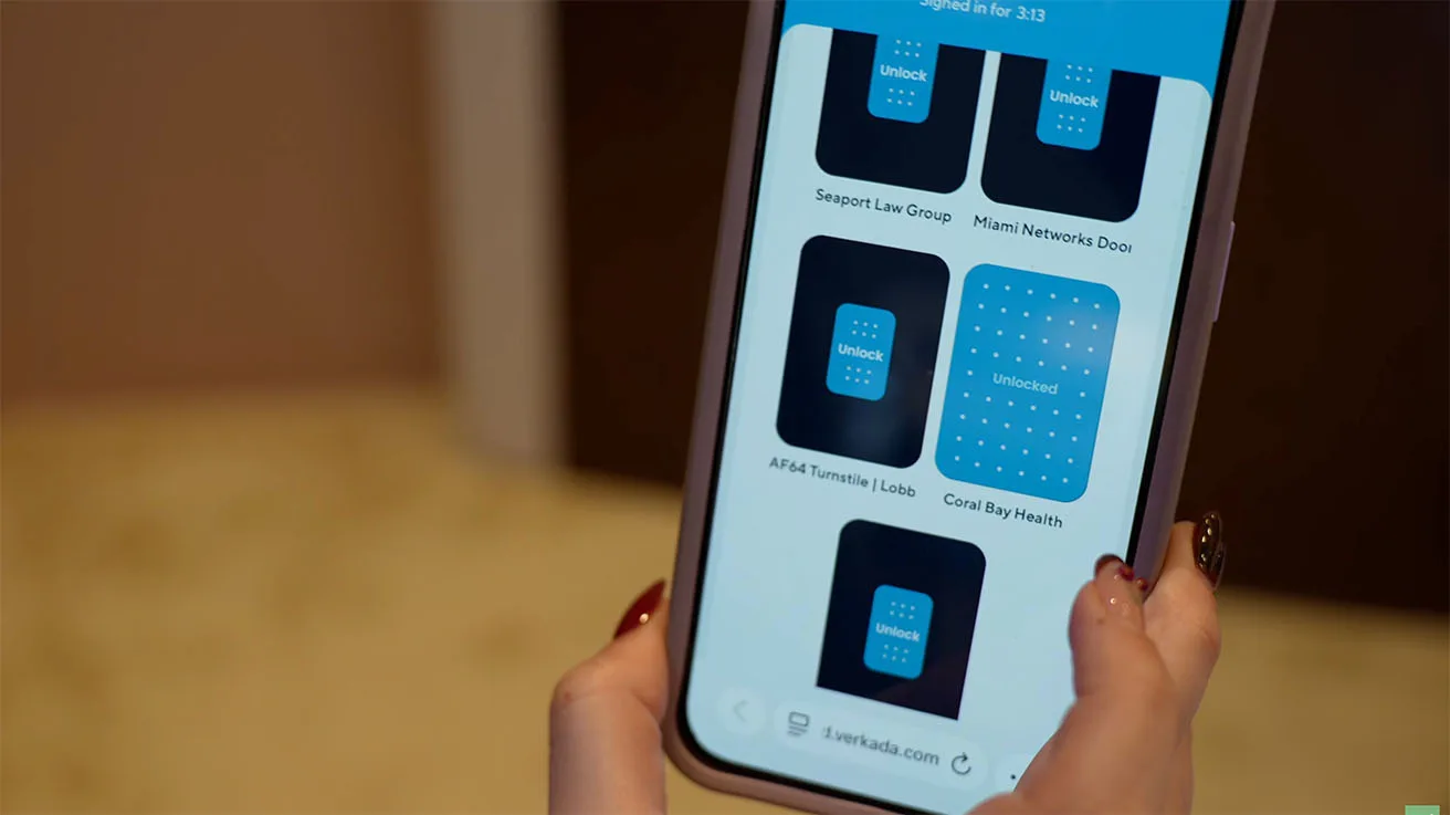 Smartphone interface displaying specific web links to remotely unlock assigned doors within the facility.