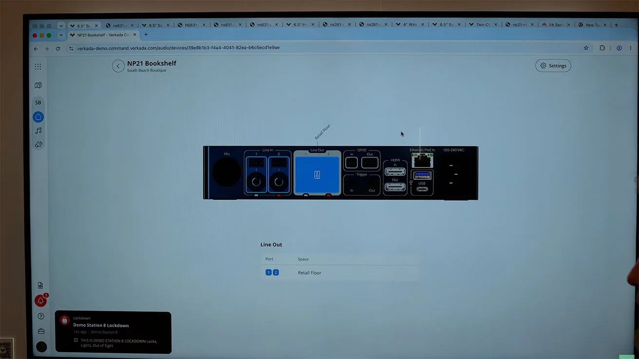 Digital representation of the Verkada NP21 audio player input and output ports within the Command dashboard.