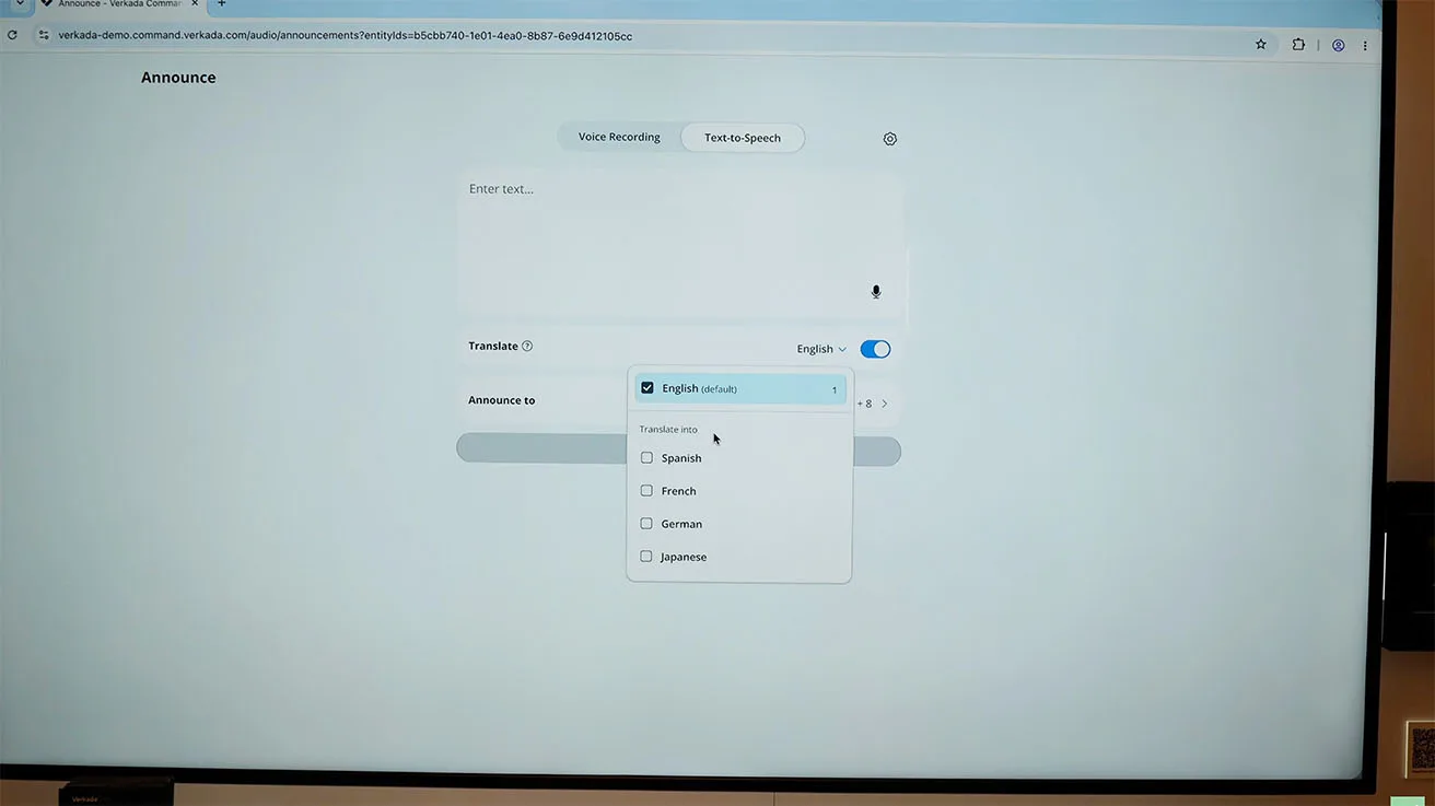 Text-to-speech announcement tool in Verkada Command featuring automated multi-language translation.