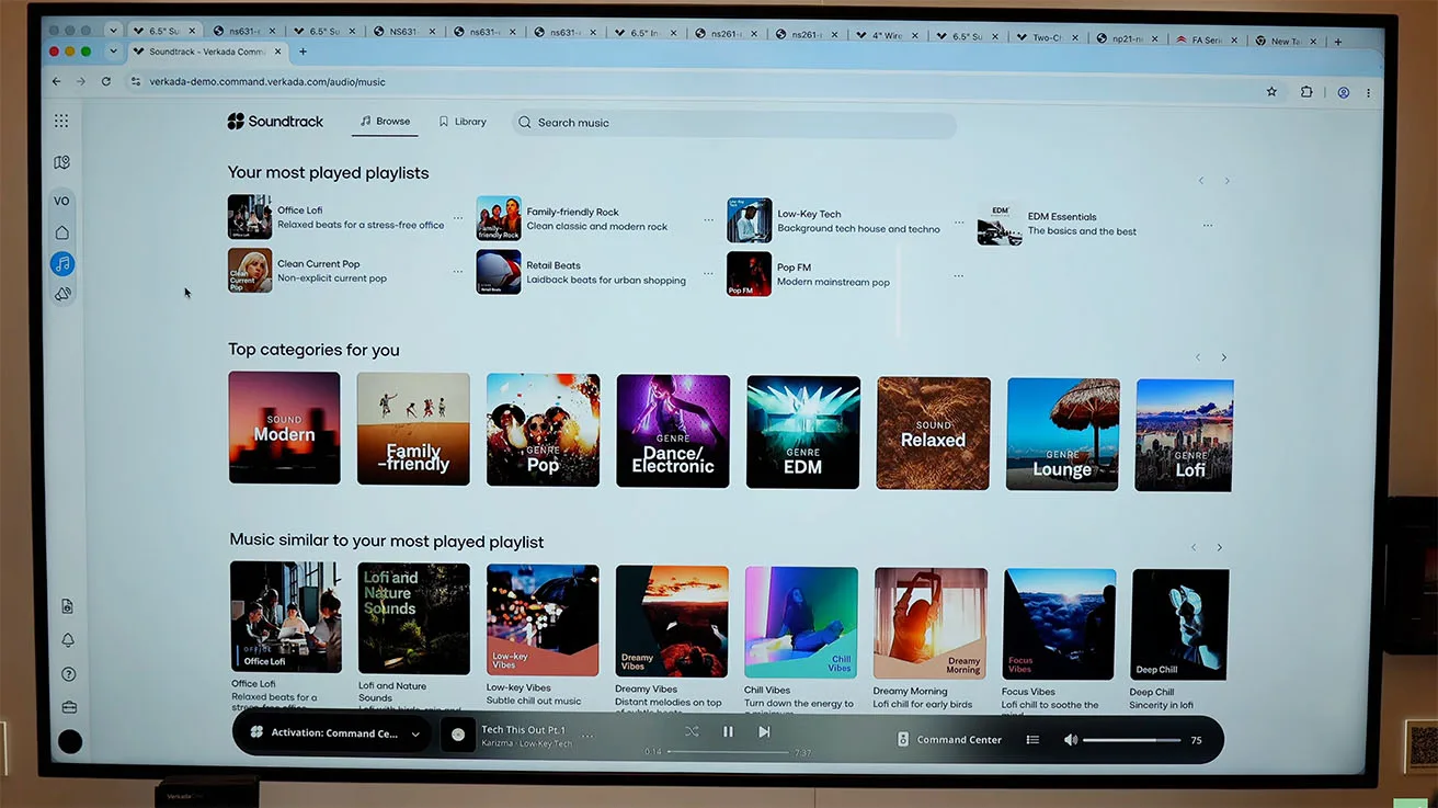 Native integration of Soundtrack Your Brand for managing ambient commercial music within Verkada Command.