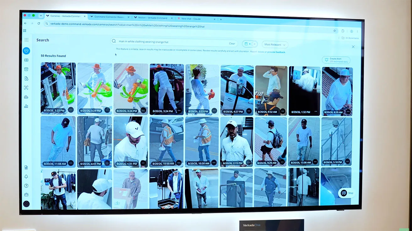 Verkada Command dashboard displaying historical video thumbnails matching the natural language search description.