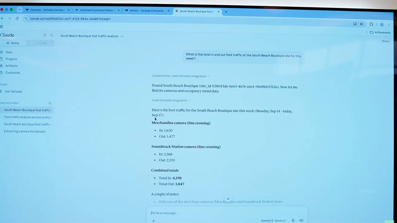 Claude AI interface utilizing the Verkada Catalyst integration to analyze and report weekly foot traffic data based on natural language prompts.