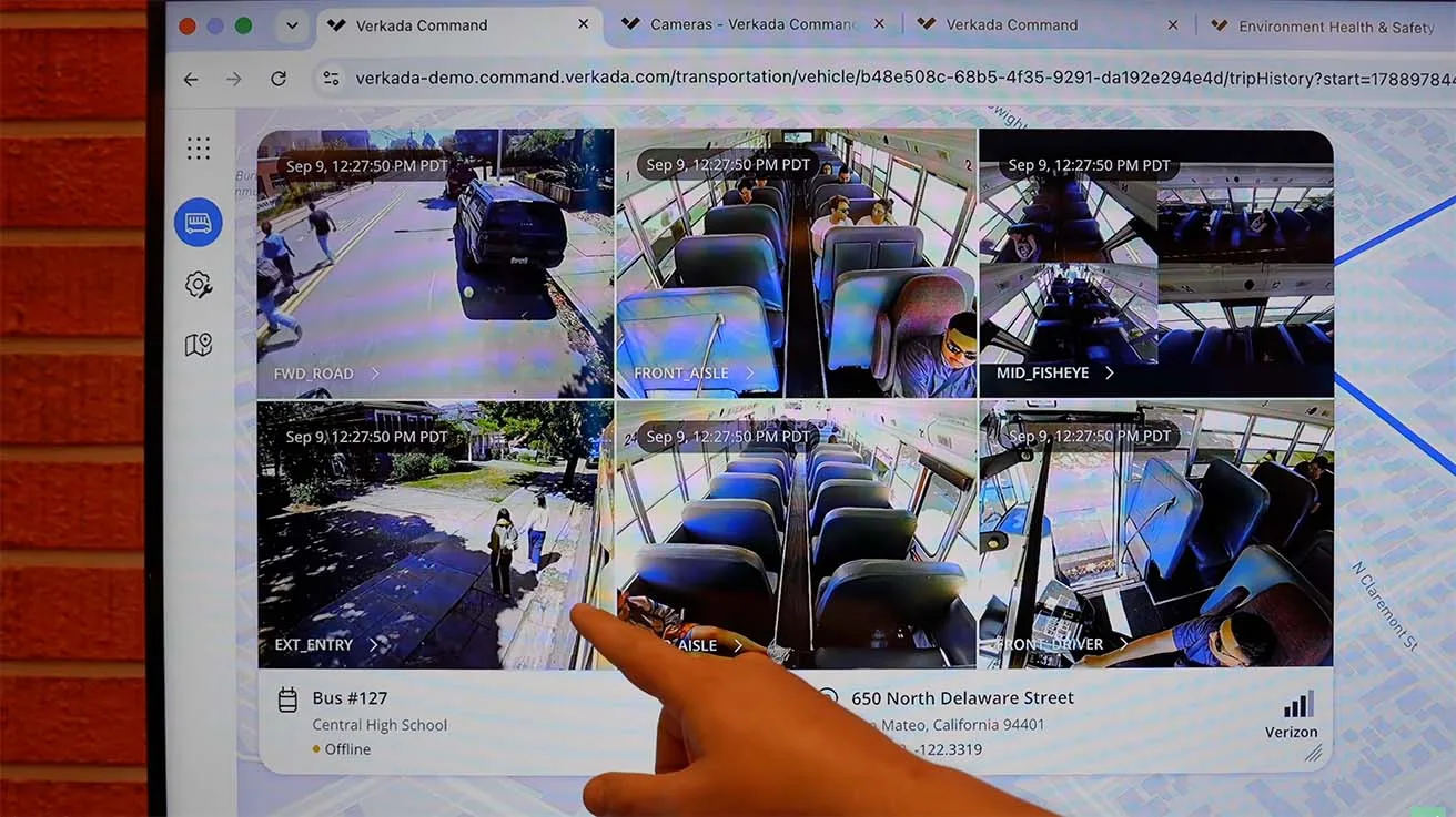 Operator utilizing a synchronized multi-camera matrix on a transit bus to investigate a specific student, Sally, deviating from the designated school route upon disembarking.