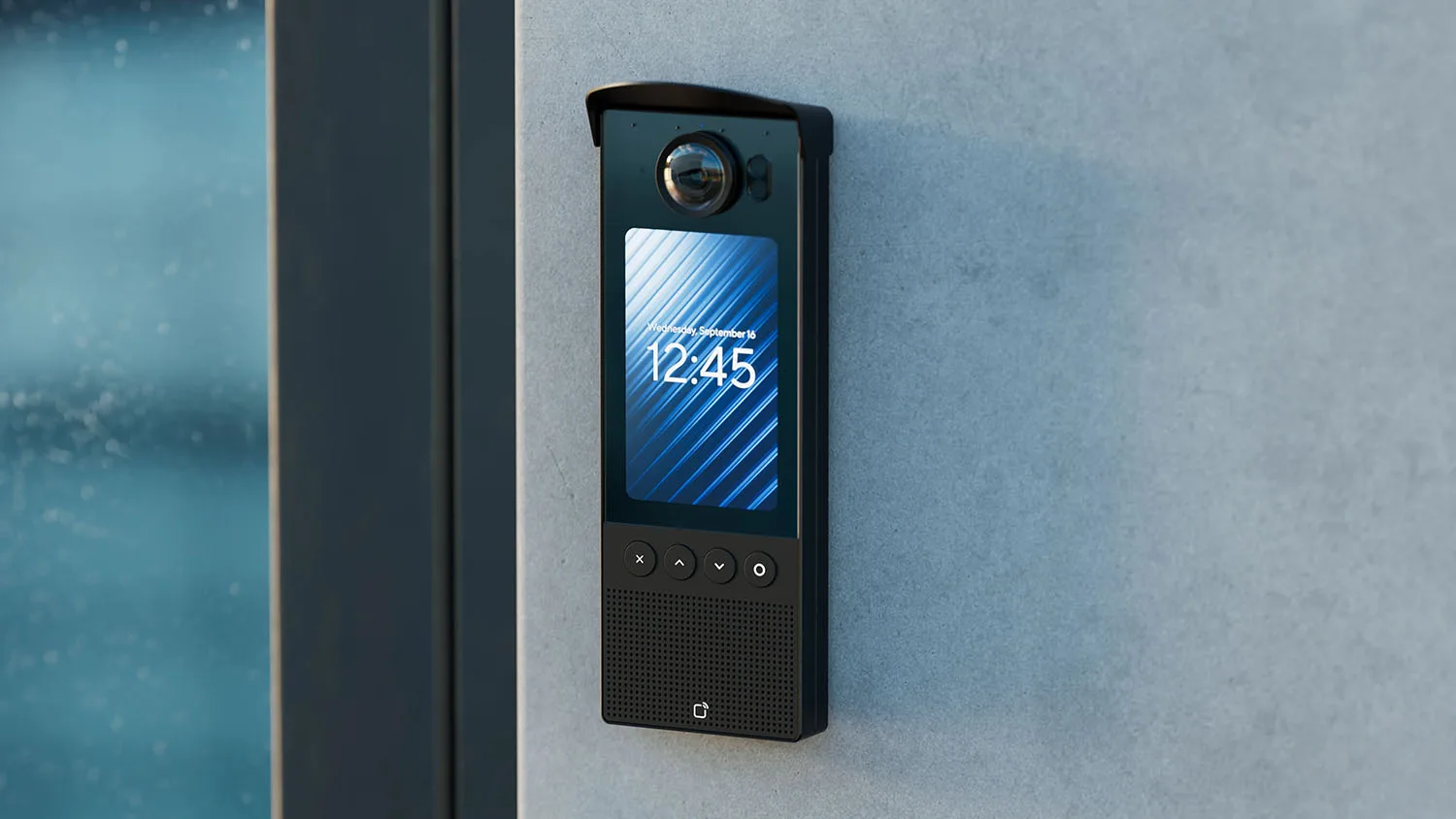 Delivery courier interacting with the Verkada TK74 Touchscreen Intercom AI Voice Directory for automated call routing to specific facility personnel.
