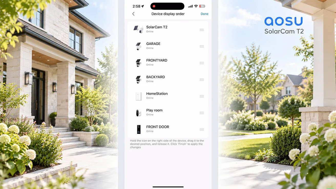 aosu app device list showing SolarCam T2 alongside garage, front yard, backyard, indoor, and front door devices