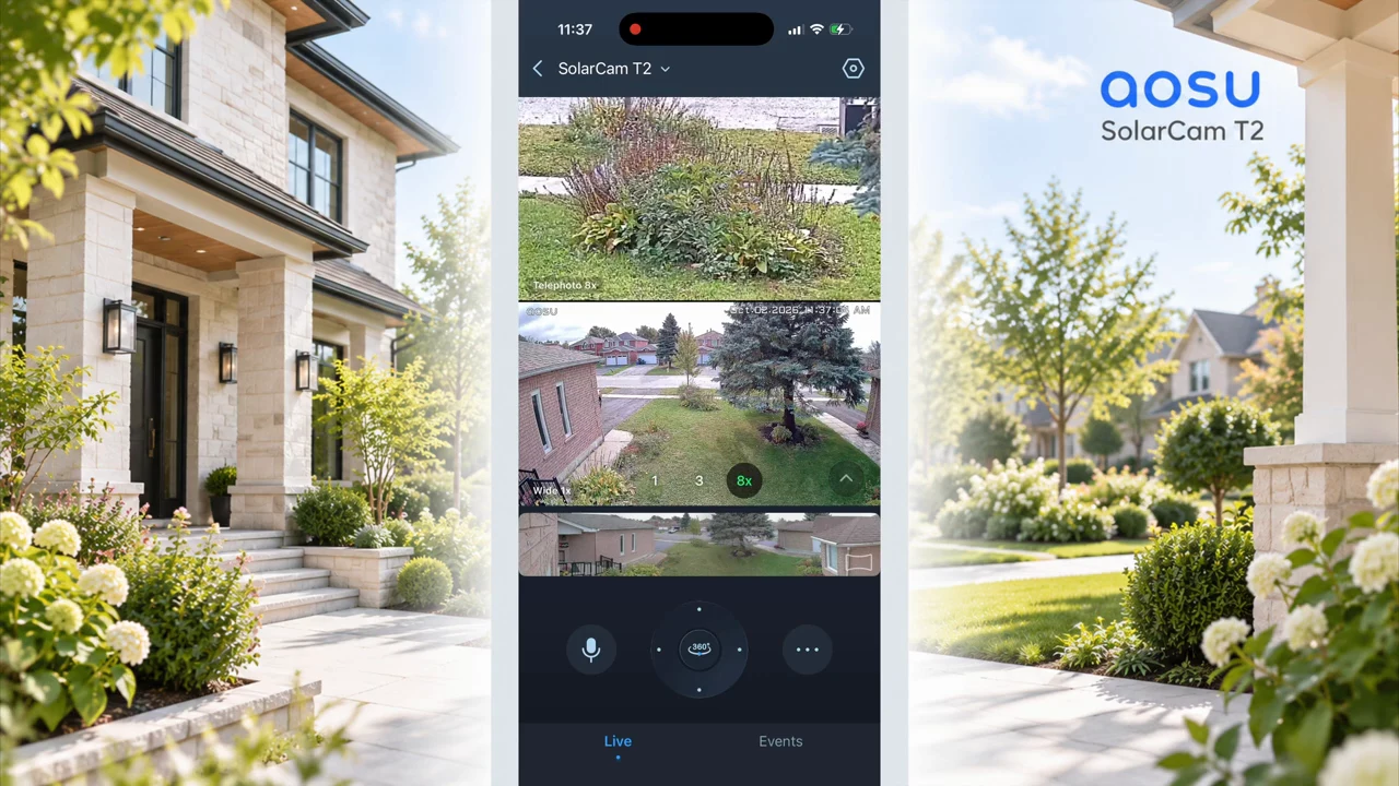 SolarCam T2 app screen with telephoto and wide live views and PTZ controls