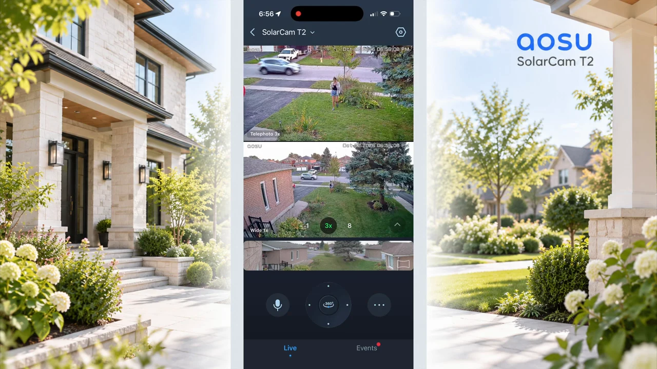 Person approaching through the yard in the SolarCam T2 dual-view demonstration