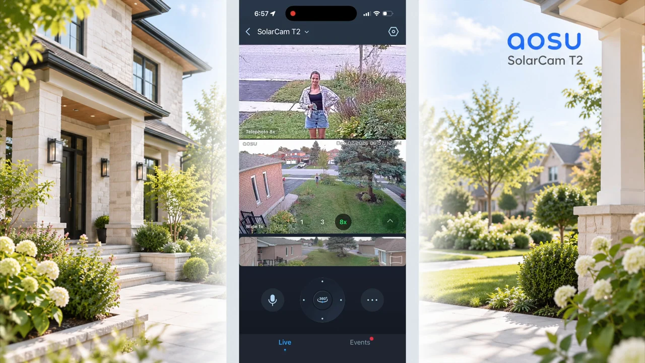 aosu app showing a person in the telephoto view and the front yard in the wide view with 8x selected