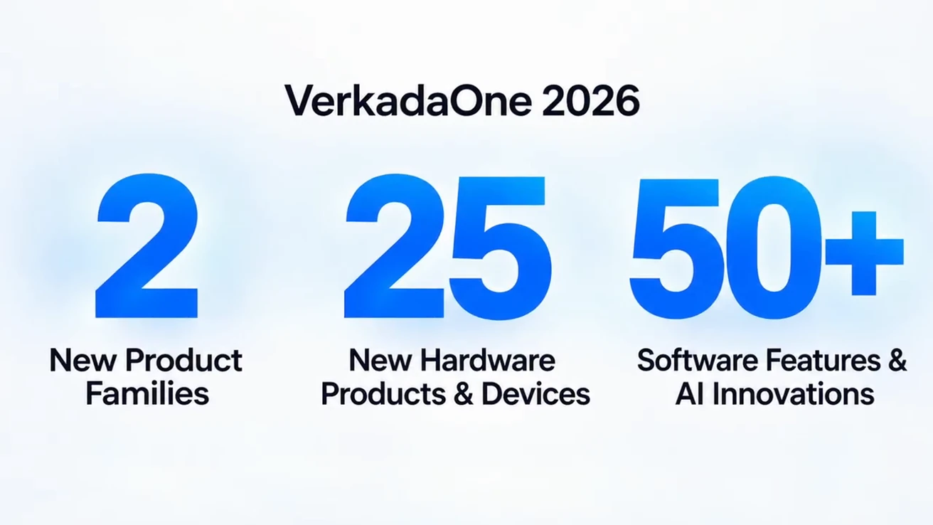 VerkadaOne 2026 slide listing two new product families, 25 hardware products and more than 50 software and AI innovations.