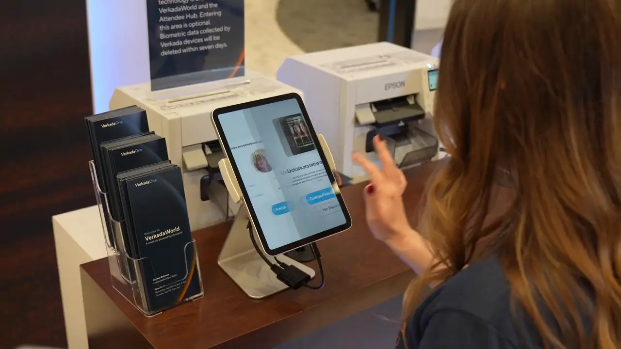 Visitor check-in demonstration with a touchscreen and badge printer at VerkadaOne 2026