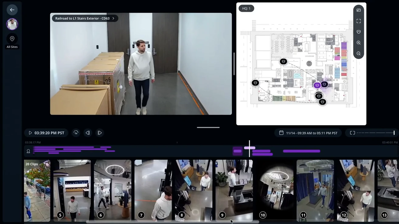 Verkada Unified Timeline showing a camera view, site map and chronological clips.