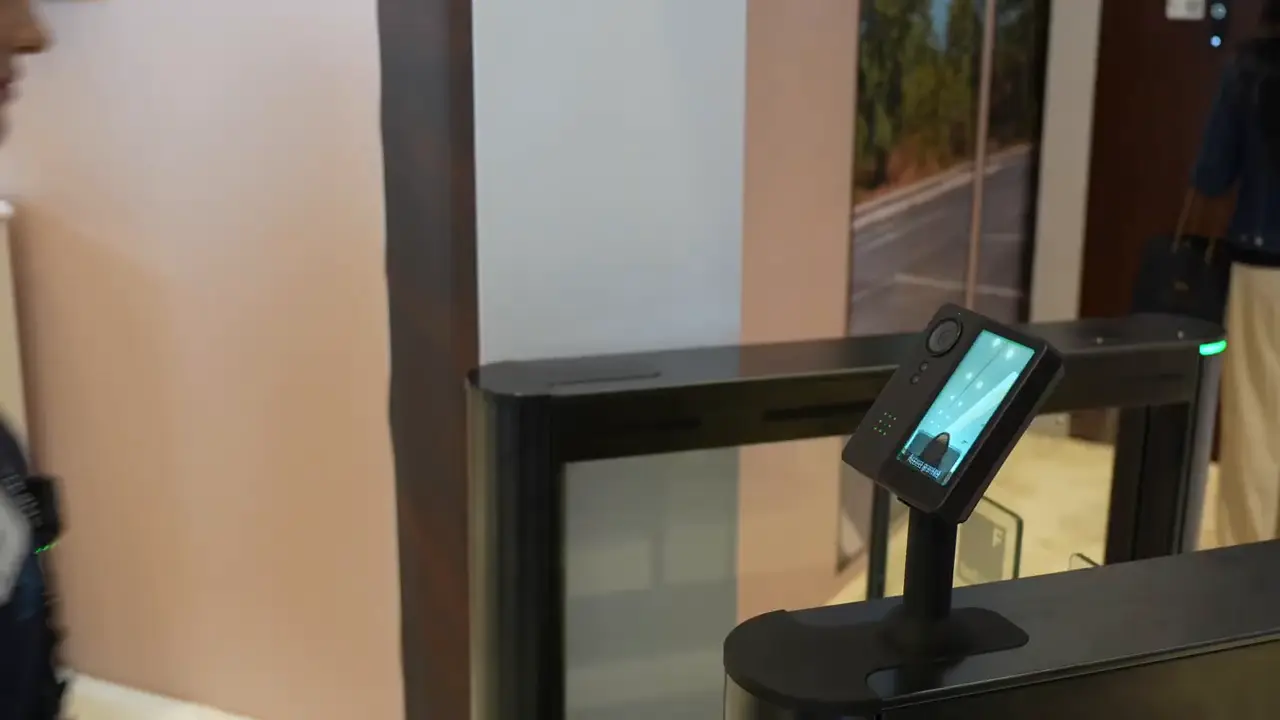 Access-control reader mounted on a demonstration pedestal at VerkadaOne 2026