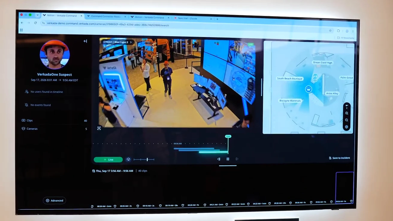 Exhibition monitor displaying a Verkada investigation with multiple camera sightings and a floor plan.