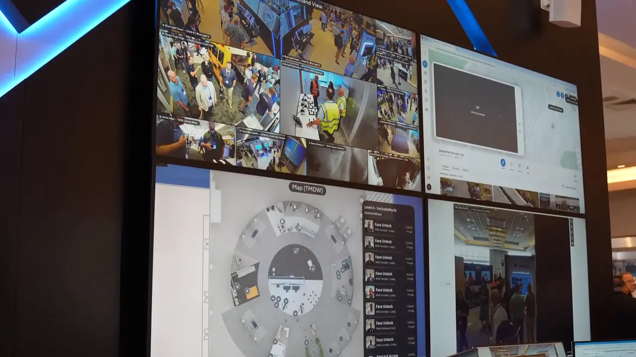 Verkada Command Center demonstration screens showing camera views and a map at VerkadaOne 2026