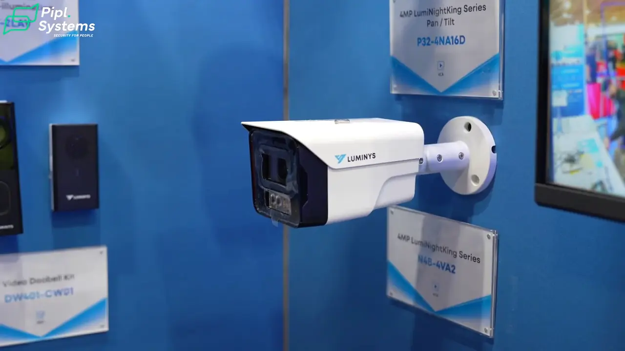 White Luminys fixed bullet camera mounted on the blue booth wall.
