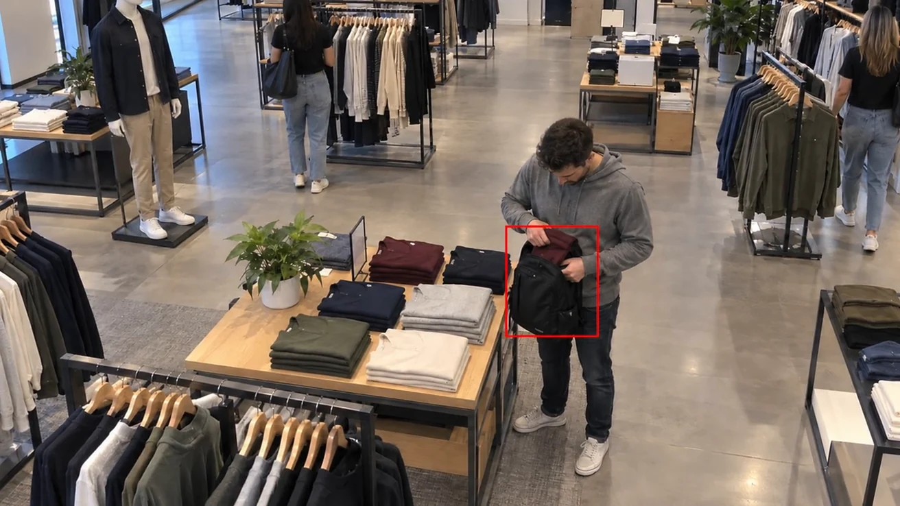 Retail demonstration footage with a highlighted person beside a merchandise display.