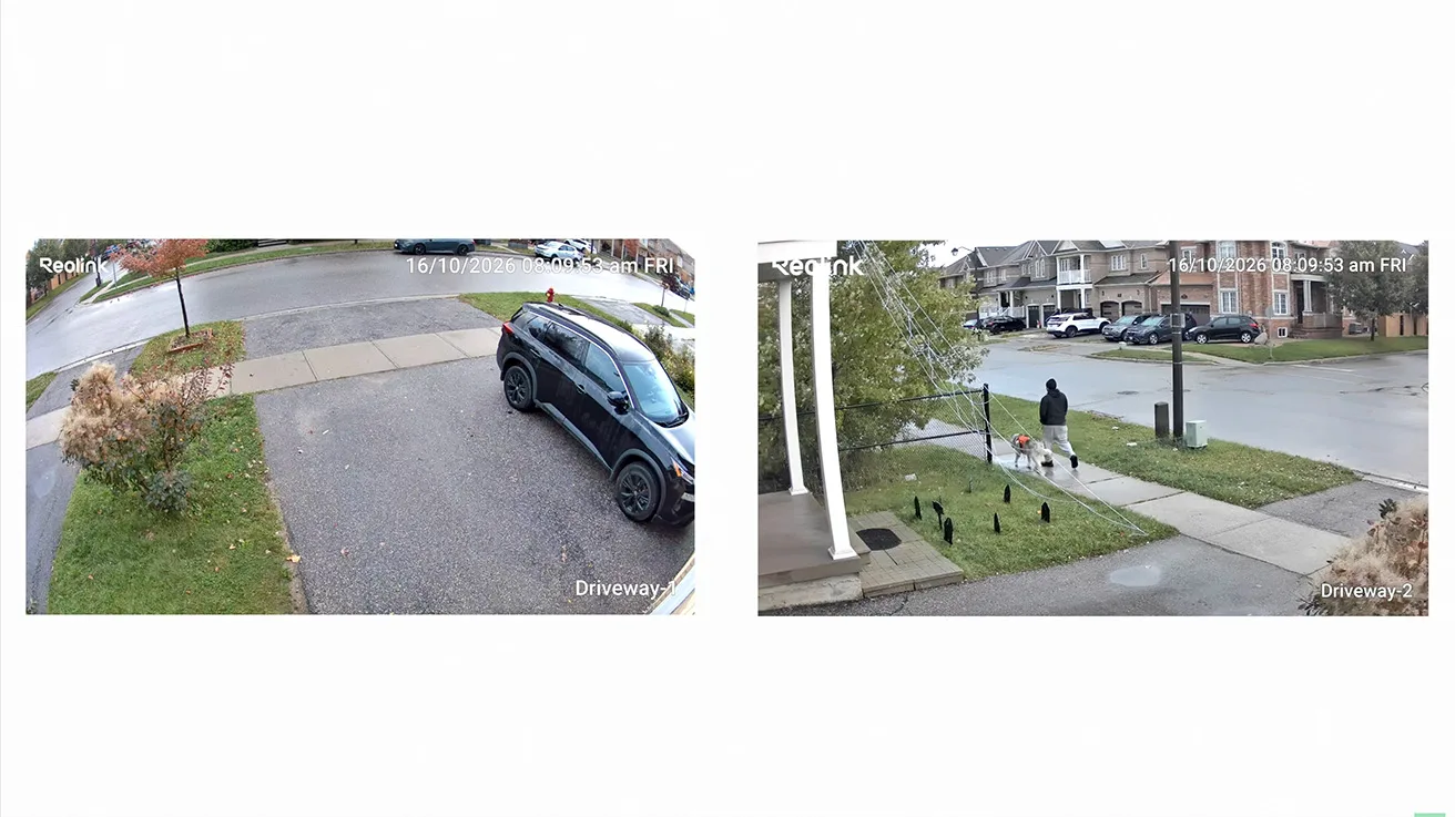 Reolink OMVI 2i Ultra dual views showing a person outside the upper camera’s frame but still visible in the lower tracking view