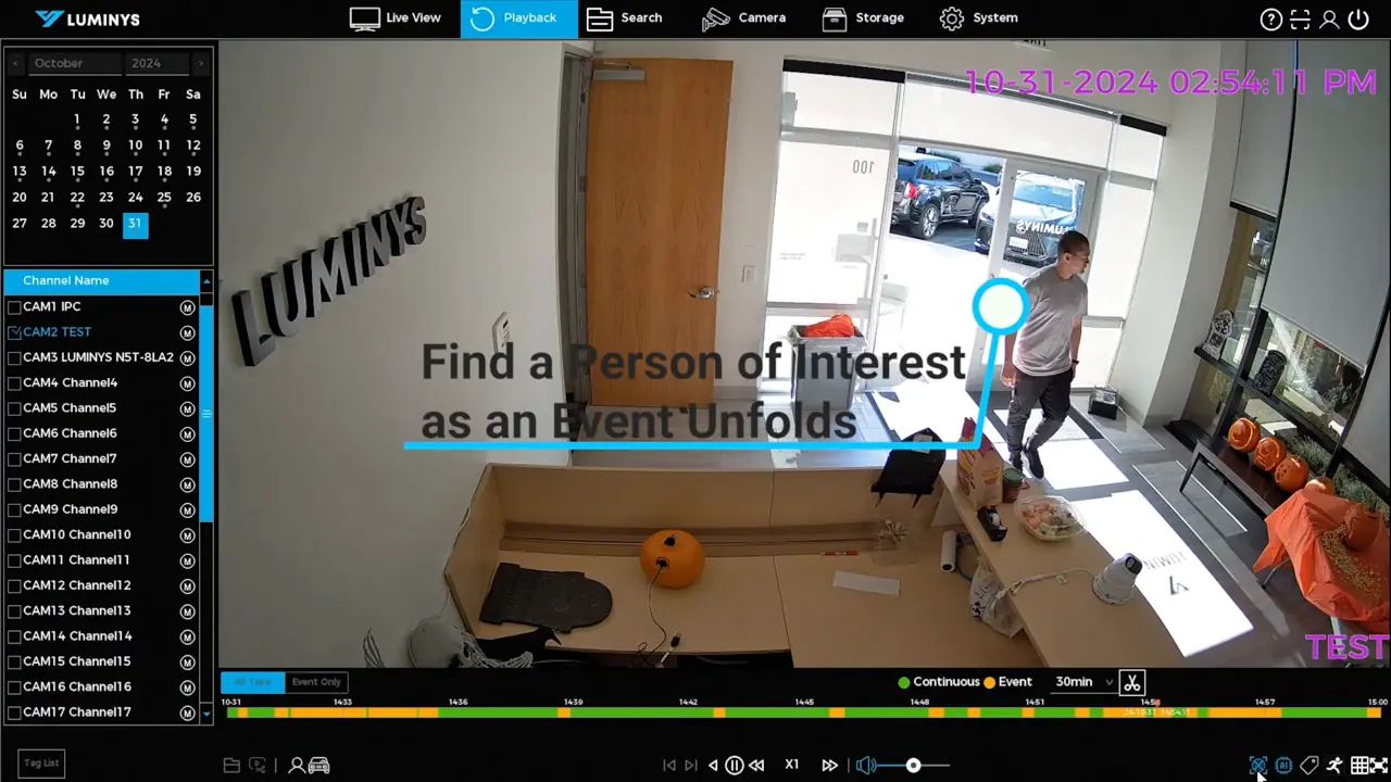 Luminys playback interface with a person highlighted as a reference for video search.