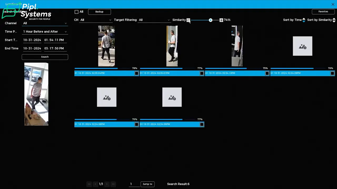 LumiSearch results with a reference image, candidate thumbnails and similarity percentages.