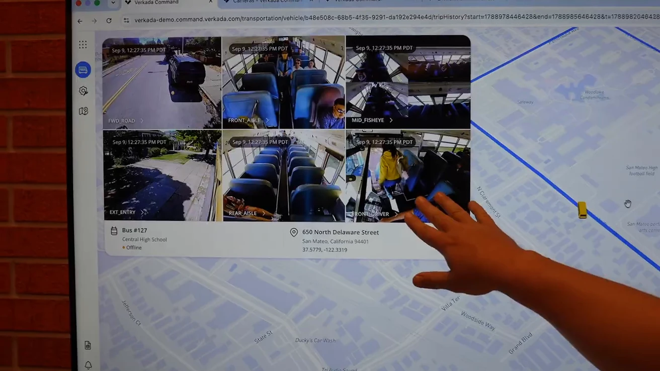 Verkada transportation interface showing multiple vehicle camera views and a map.