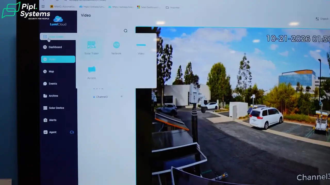 LumiCloud web interface showing Solar Trailer, Network, Video and Access device categories.