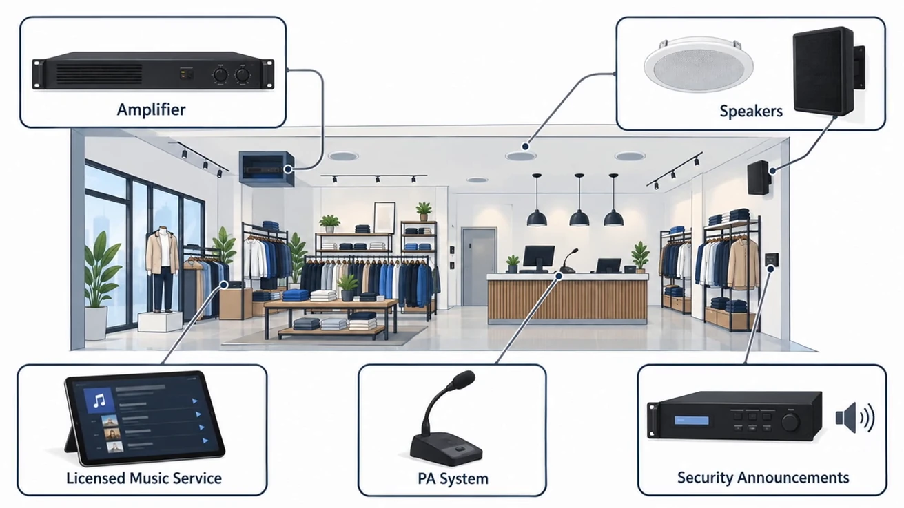 Diagram of separate amplifiers, speakers, licensed music, public address and security announcements.