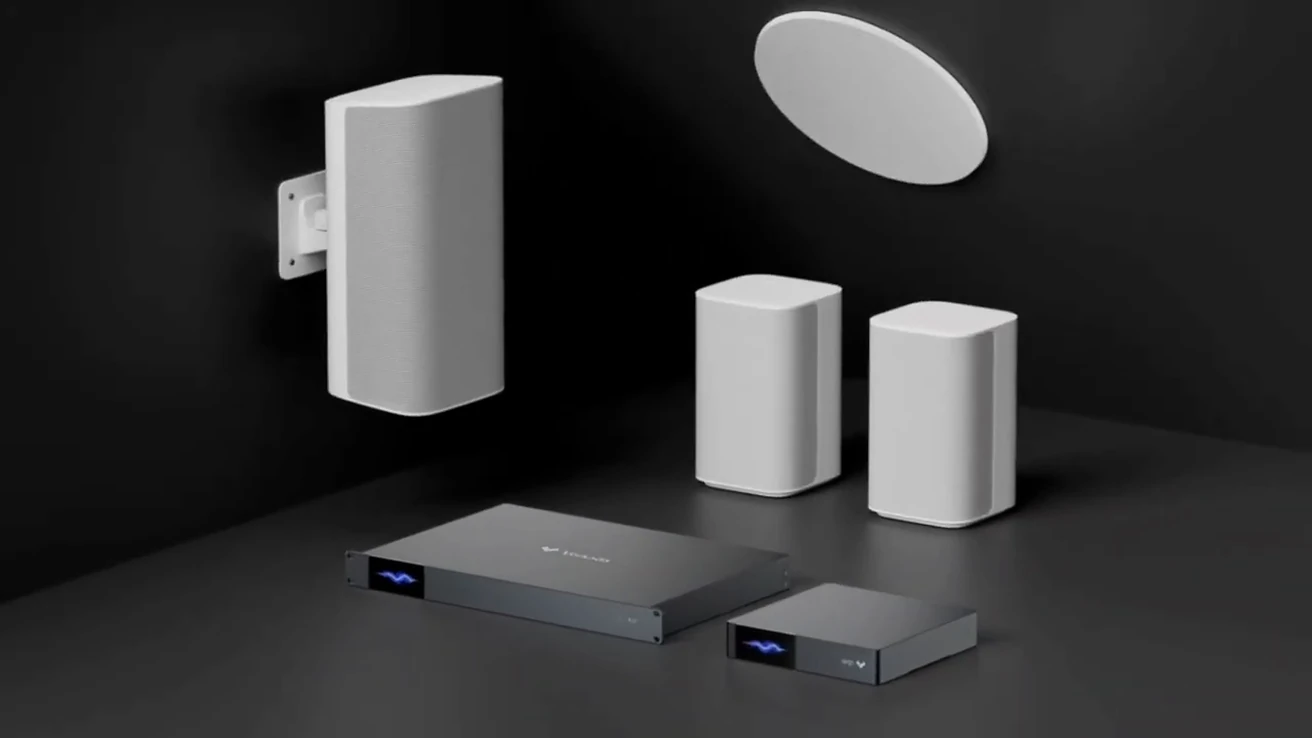 Verkada sound hardware lineup with speakers and network audio player equipment on a dark background.