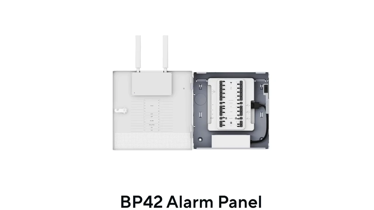 Product illustration labeled BP42 Alarm Panel showing the open enclosure and wiring terminals.