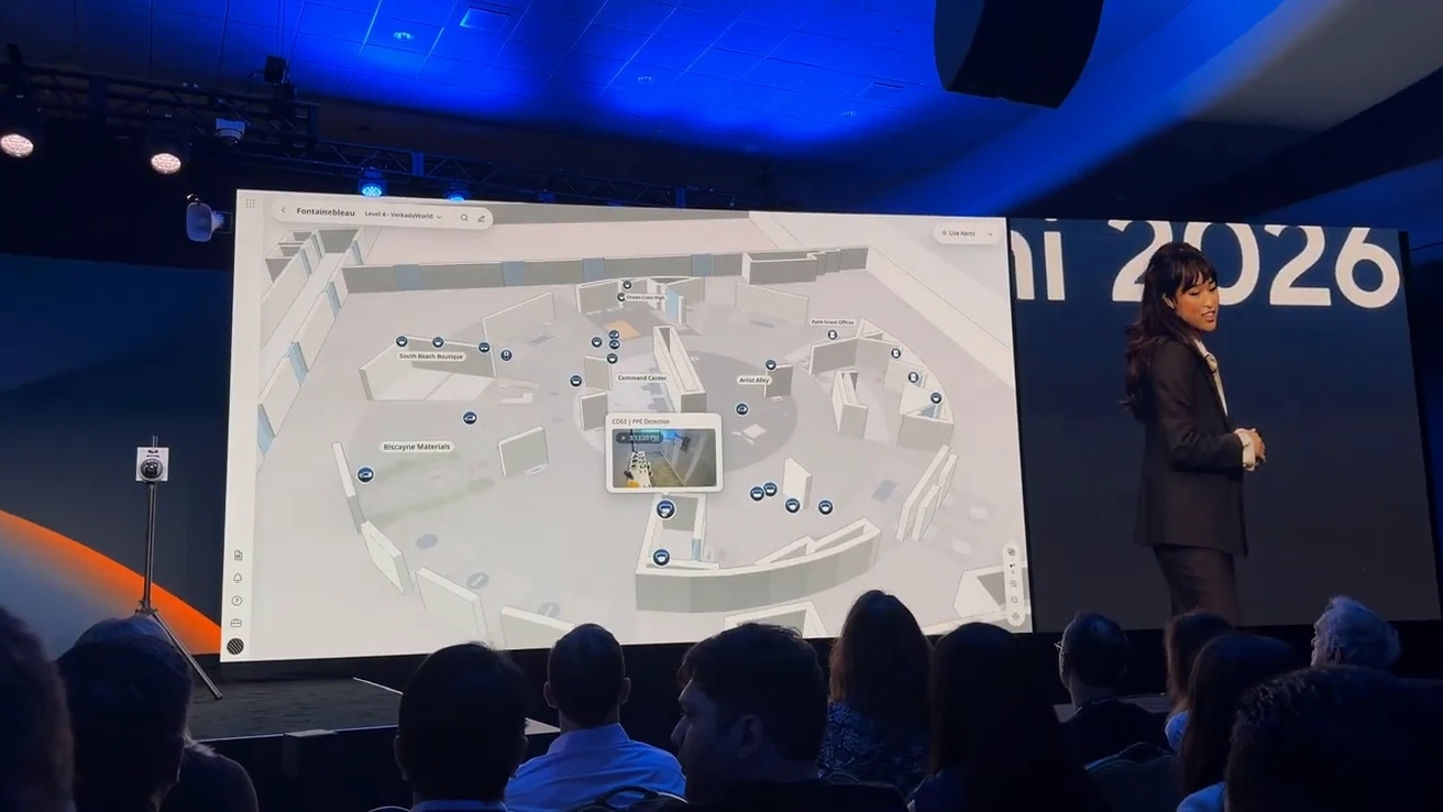 Verkada keynote demonstration showing a site layout with device positions and camera coverage.