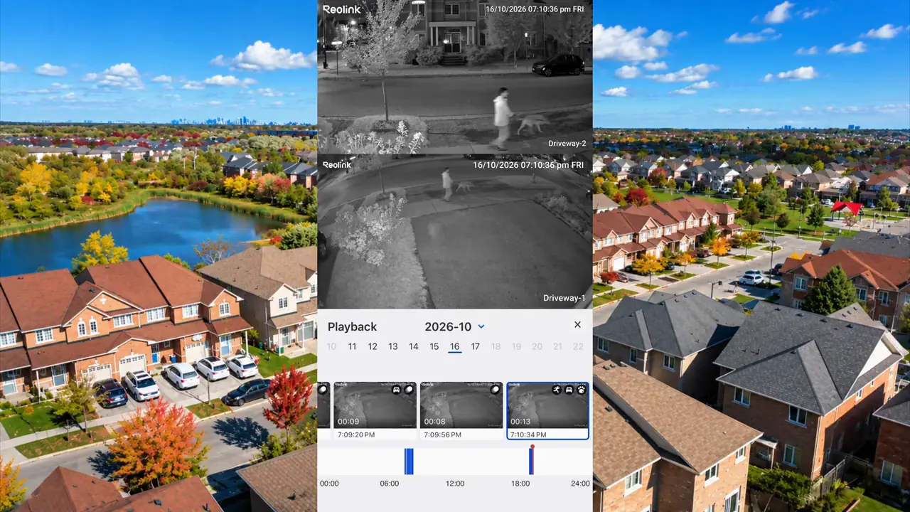 Reolink App playback screen with recorded-event thumbnails