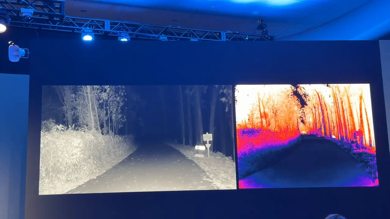 Keynote comparison of visible-light and thermal images of an outdoor scene.