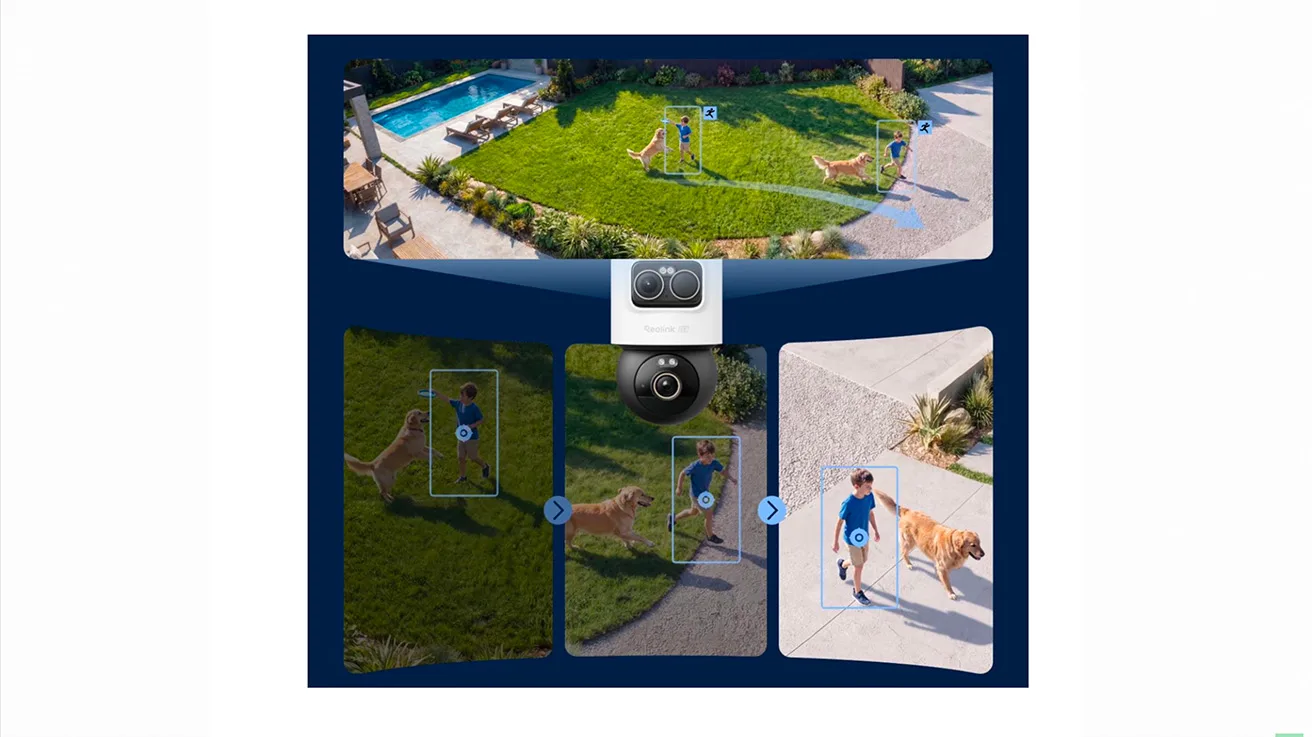 Illustration of Reolink OMVI 2i Ultra coordinated tracking, showing a wide backyard view and closer views of a child walking with a dog